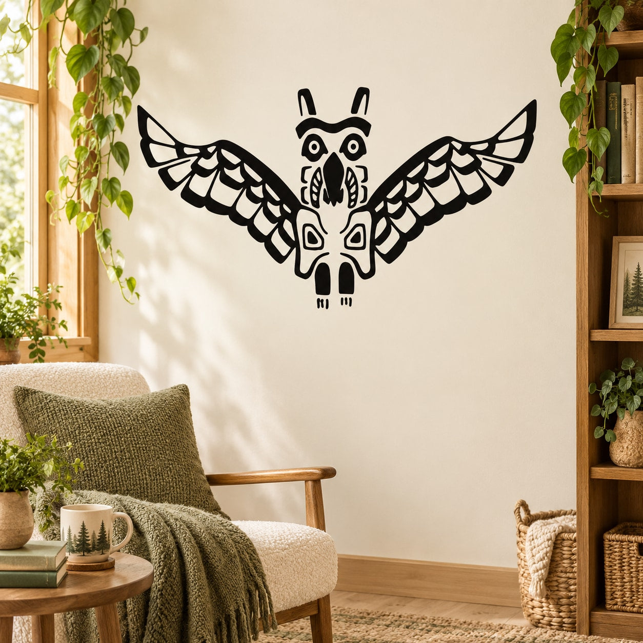 Black geometric owl wall decal with wings spread and patterned body