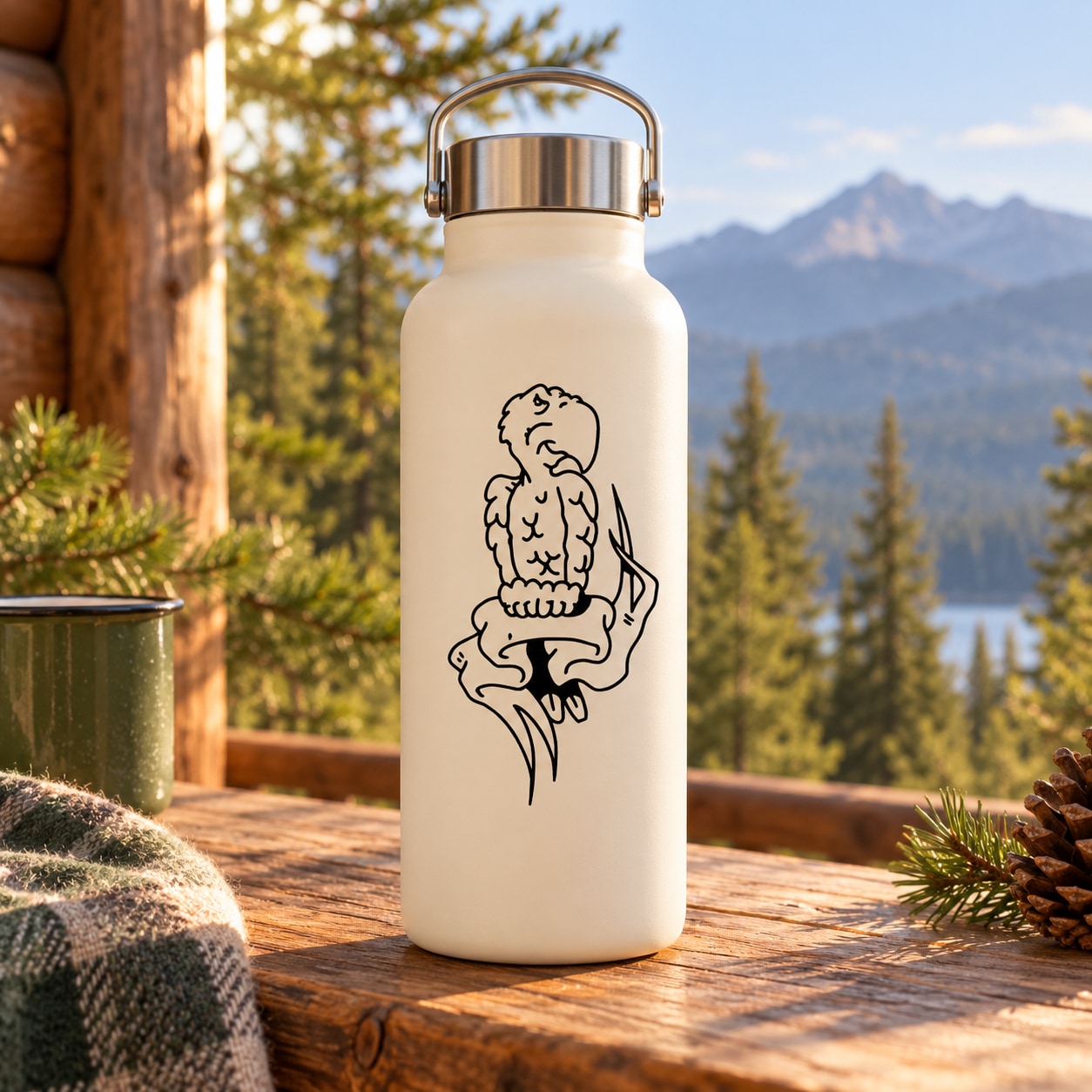 White bottle with cartoon eagle and banner decal on the front