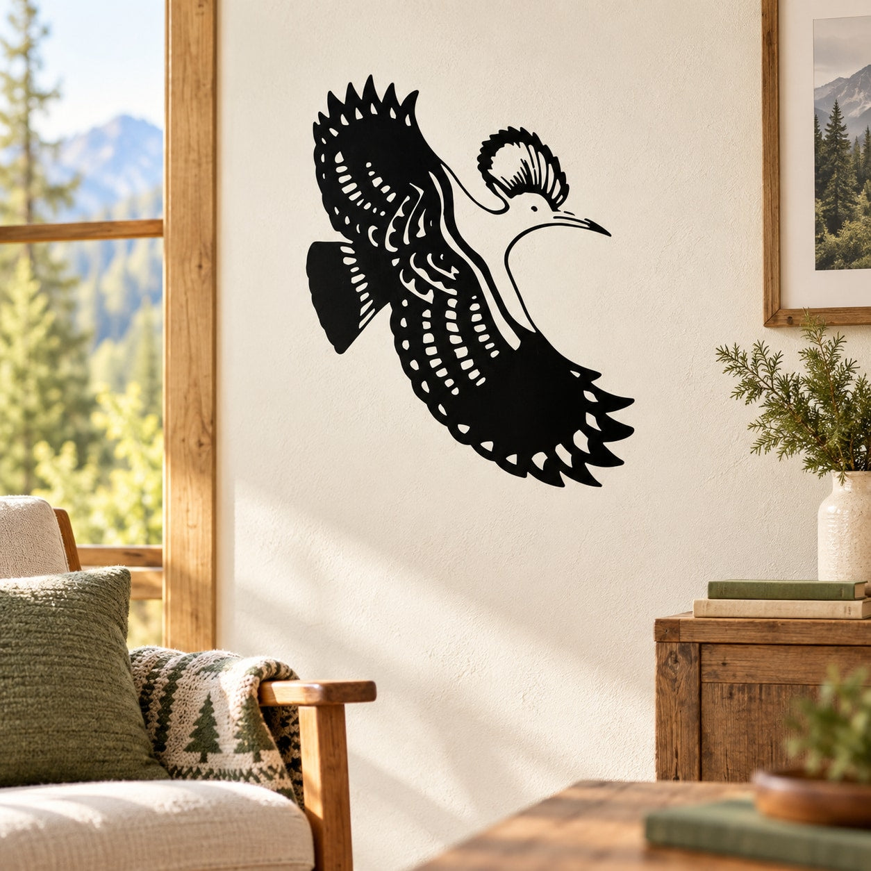 Black flying bird wall decal with detailed wing and tail design