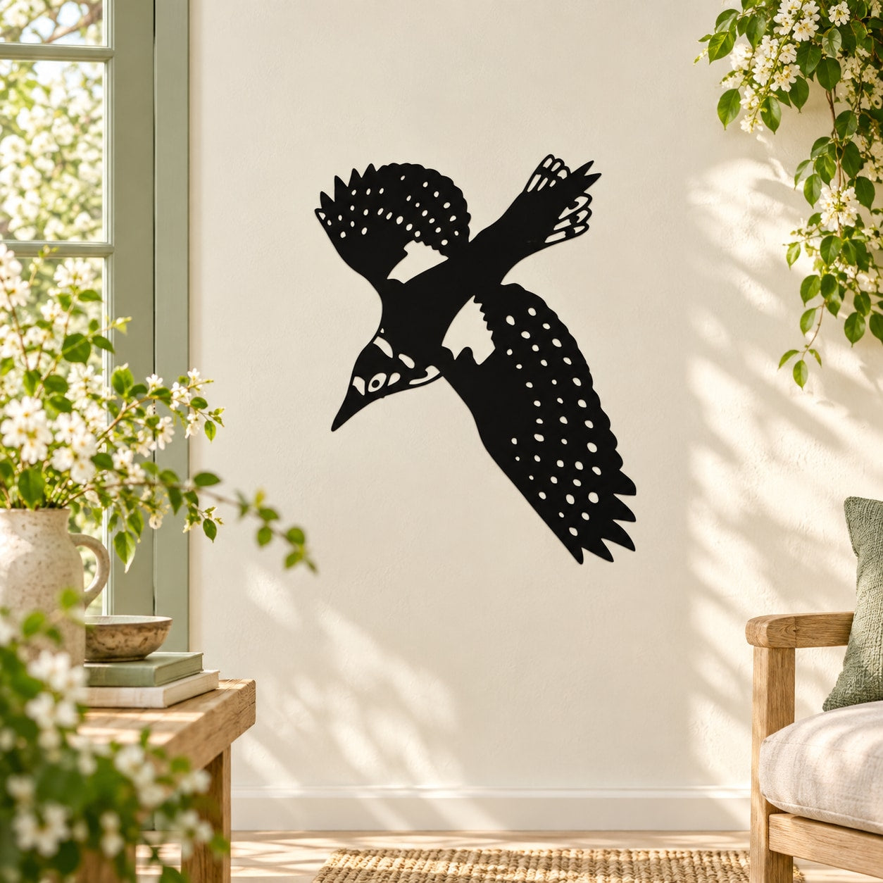 Black swooping bird wall decal with dotted wings and tail