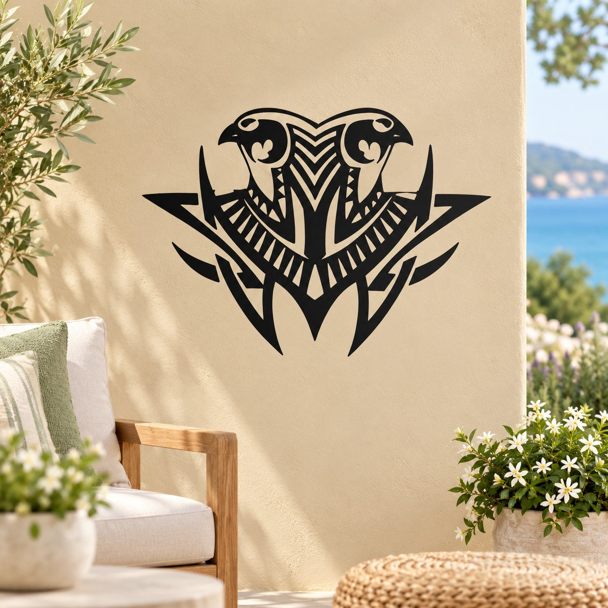Double-headed Egyptian hawk wall decal, black tribal-style design