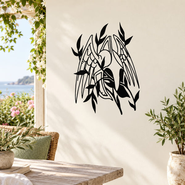 Winged helmet wall decal with leaf motif, black graphic on light background