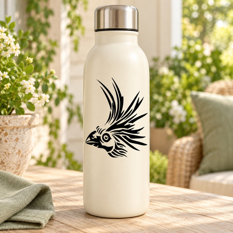 Beverage bottle decal featuring a black peacock head with feathery flared plumage