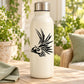 Beverage bottle decal featuring a black peacock head with feathery flared plumage
