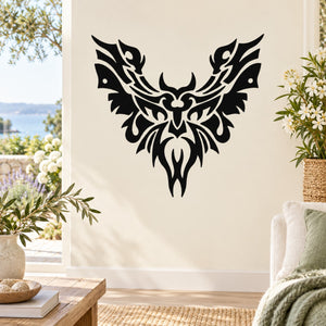 Black stylized bird decal with tribal flame-like wings and central emblem