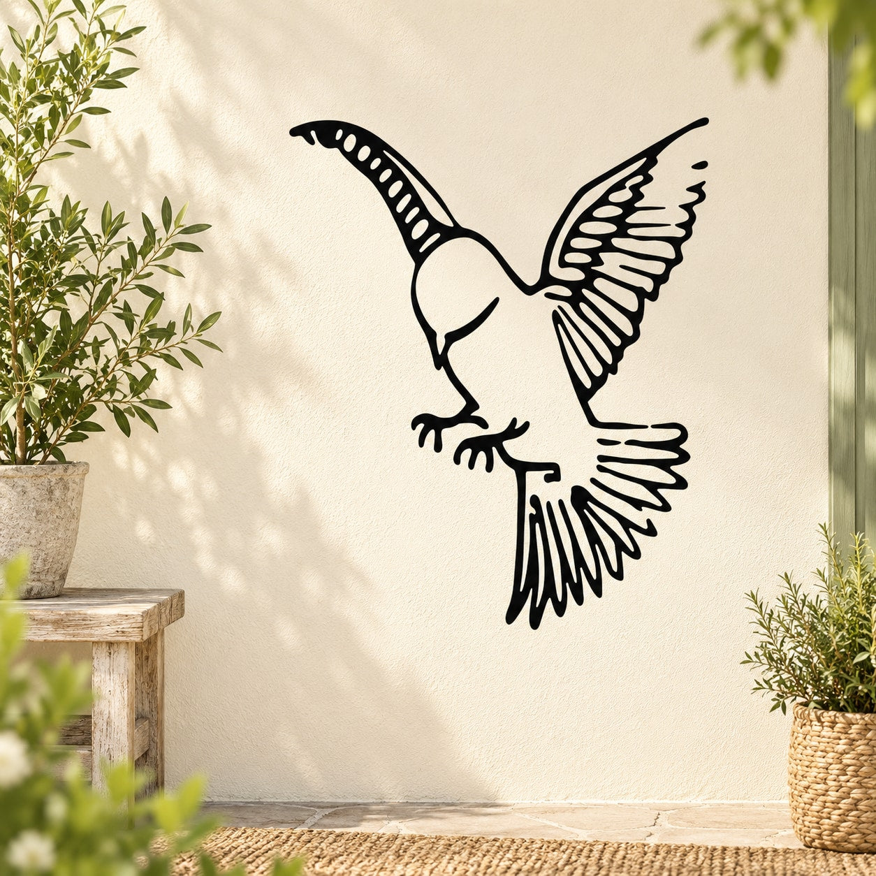 Black hummingbird wall decal with wings spread, floating flying pose