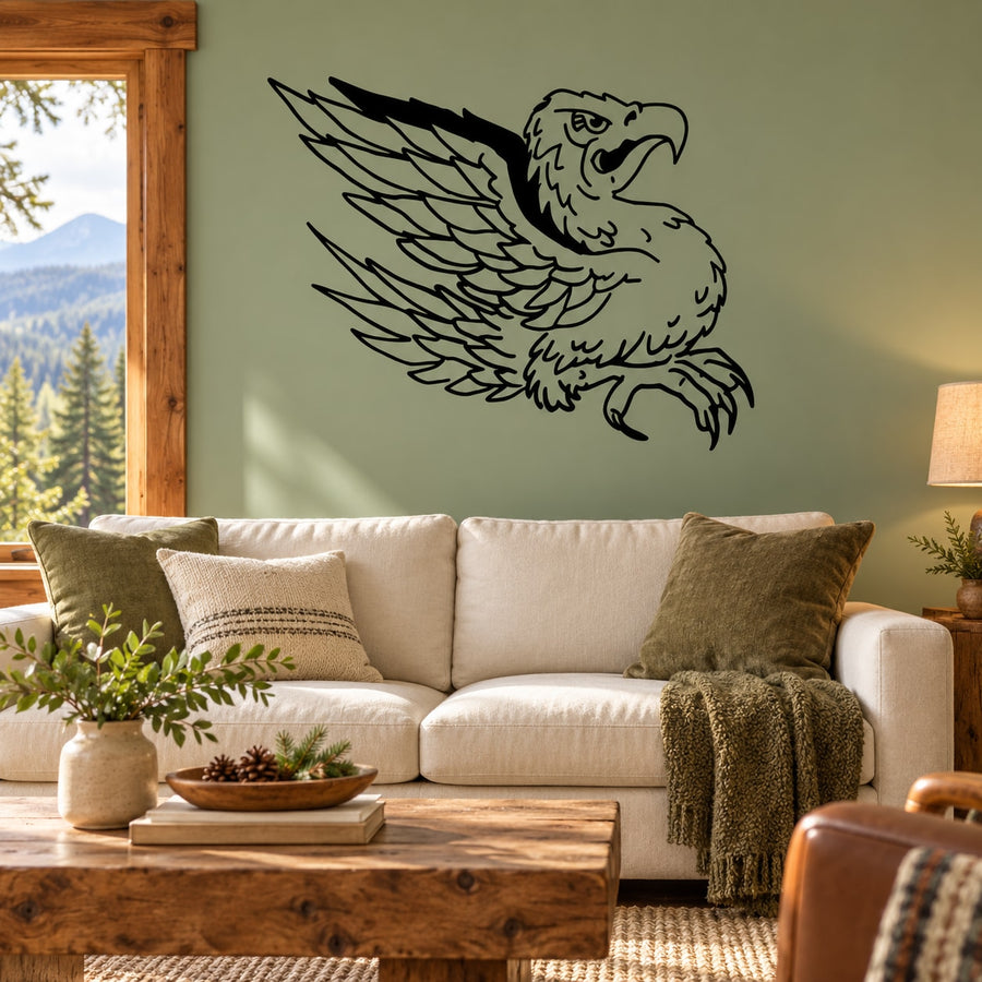 Cartoon eagle wall decal with open wings, black outline on a light wall
