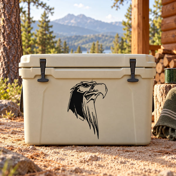 Eagle head decal with bold black outline on a cooler lid