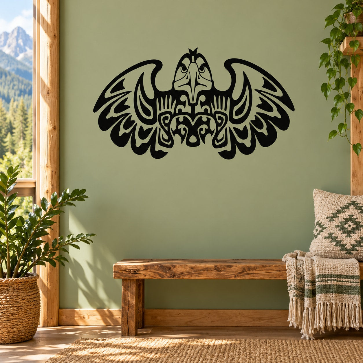 Aztec eagle totem wall decal with bold black bird graphic