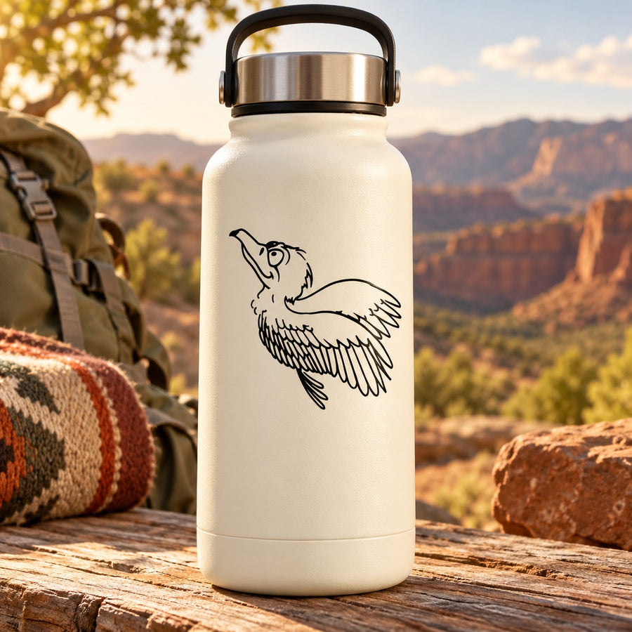 White metal water bottle with black vulture decal on front
