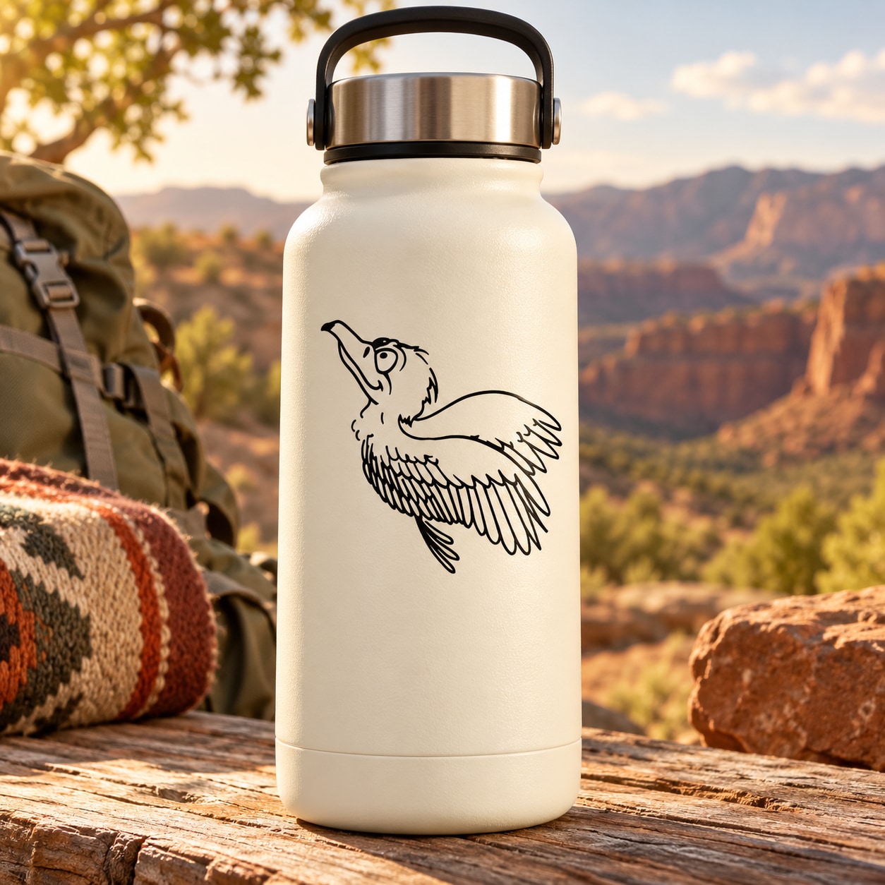 White metal water bottle with black vulture decal on front