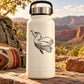 White metal water bottle with black vulture decal on front