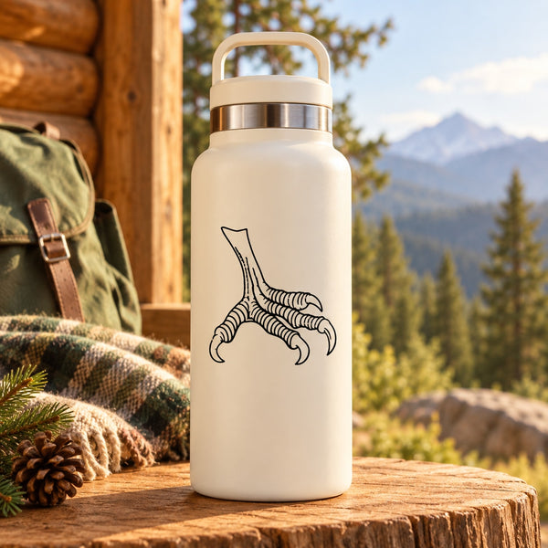 White water bottle with black eagle claw foot decal on the front