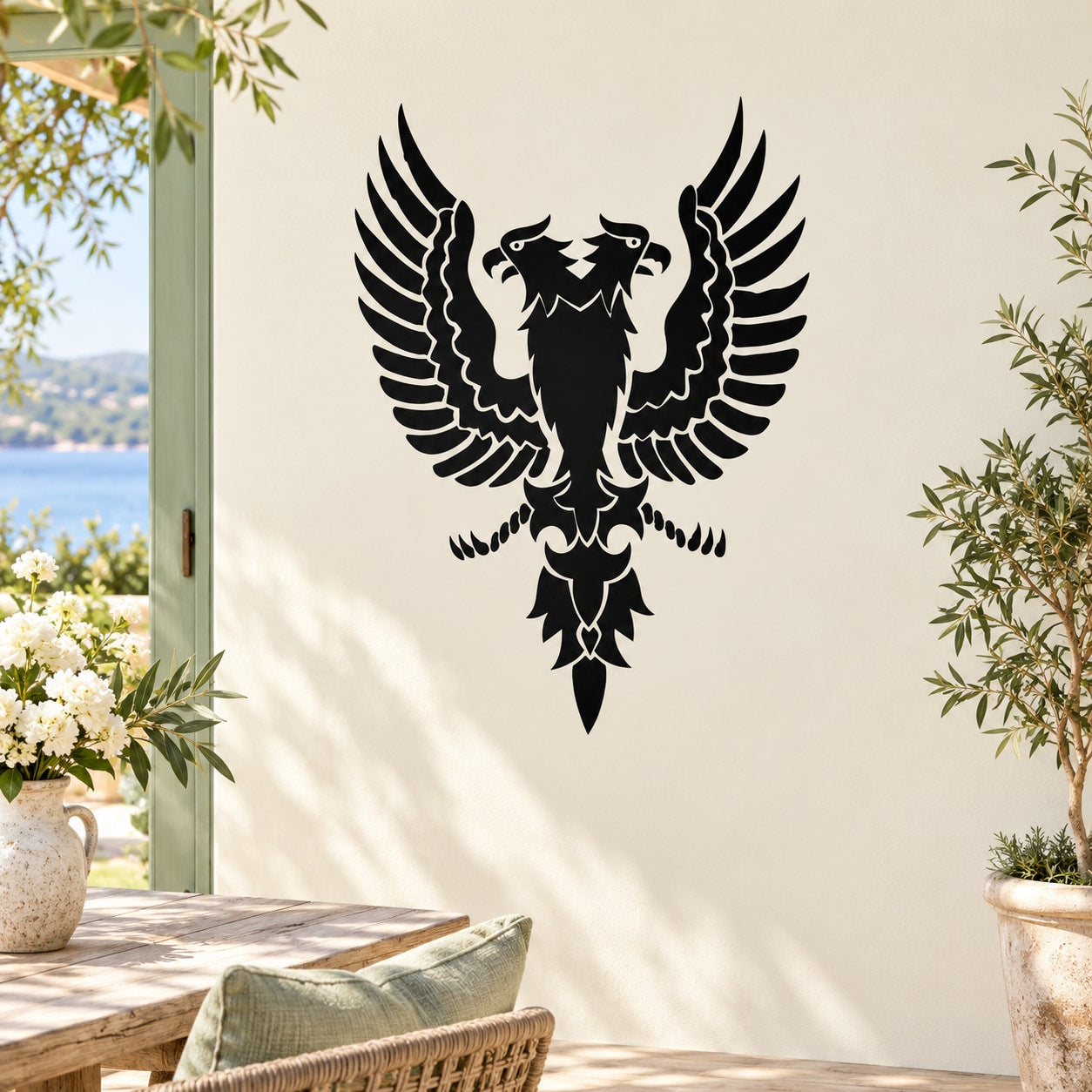 Double-headed medieval eagle wall decal, black and white stylized design