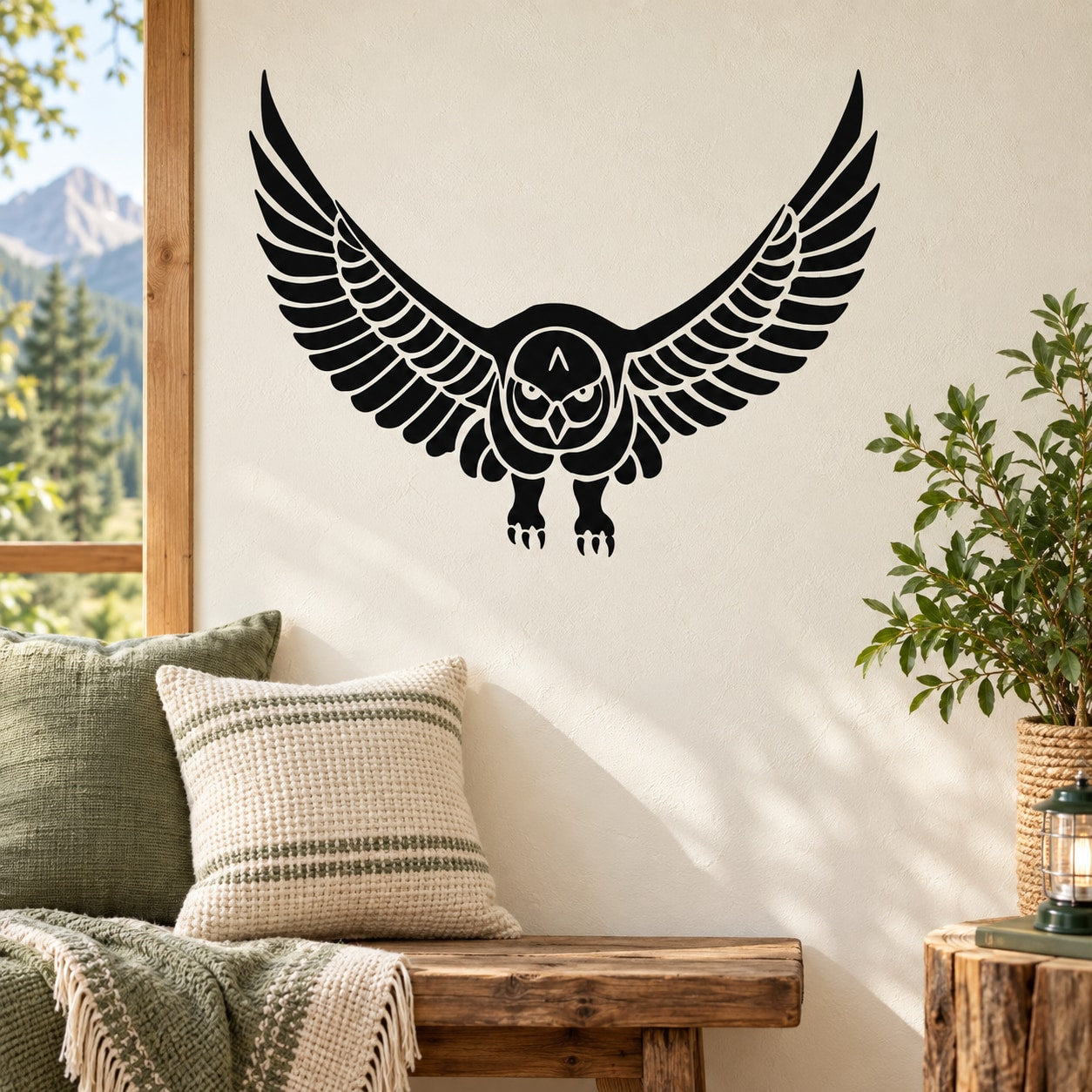 Black threatening hawk decal with spread wings and talon feet
