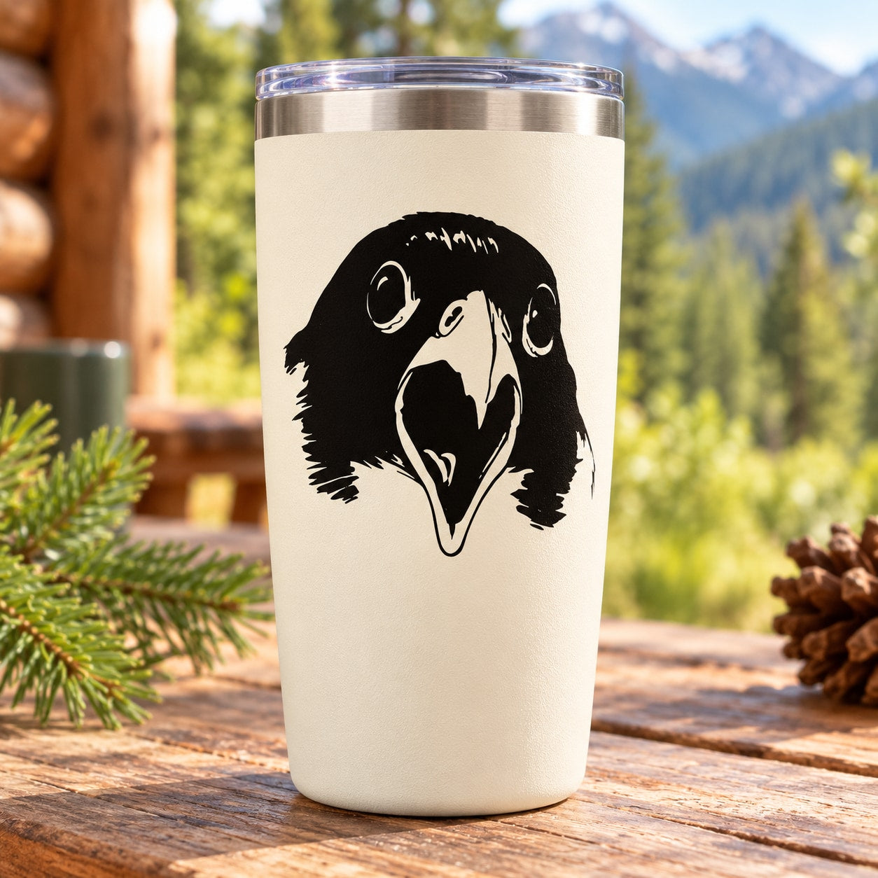 Hawk head decal on white tumbler cup