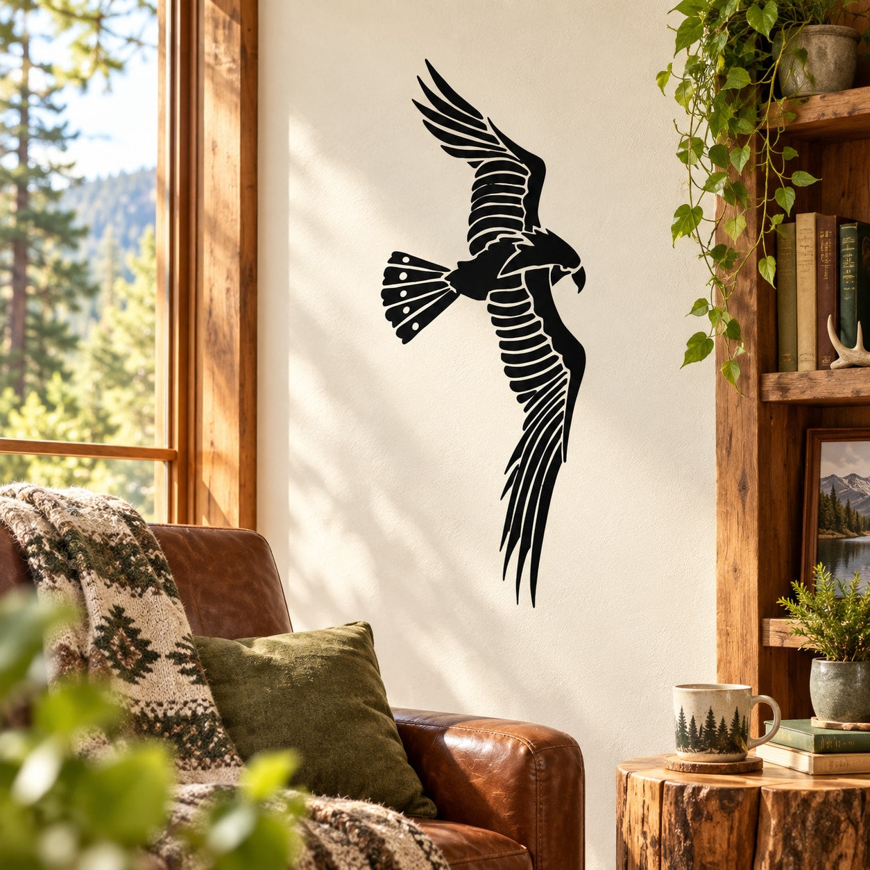Flying hawk wall decal with wings spread in black