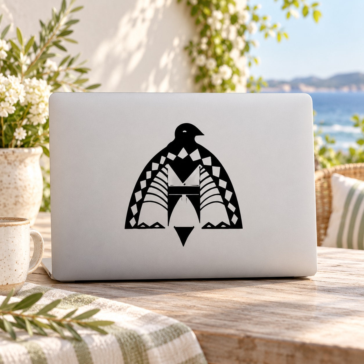 Black and white bird decal with geometric pattern on a light laptop lid