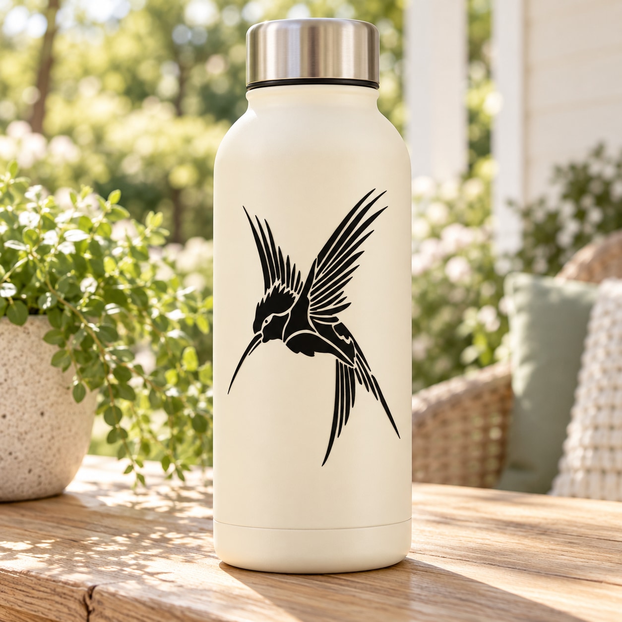 White water bottle with black hummingbird decal