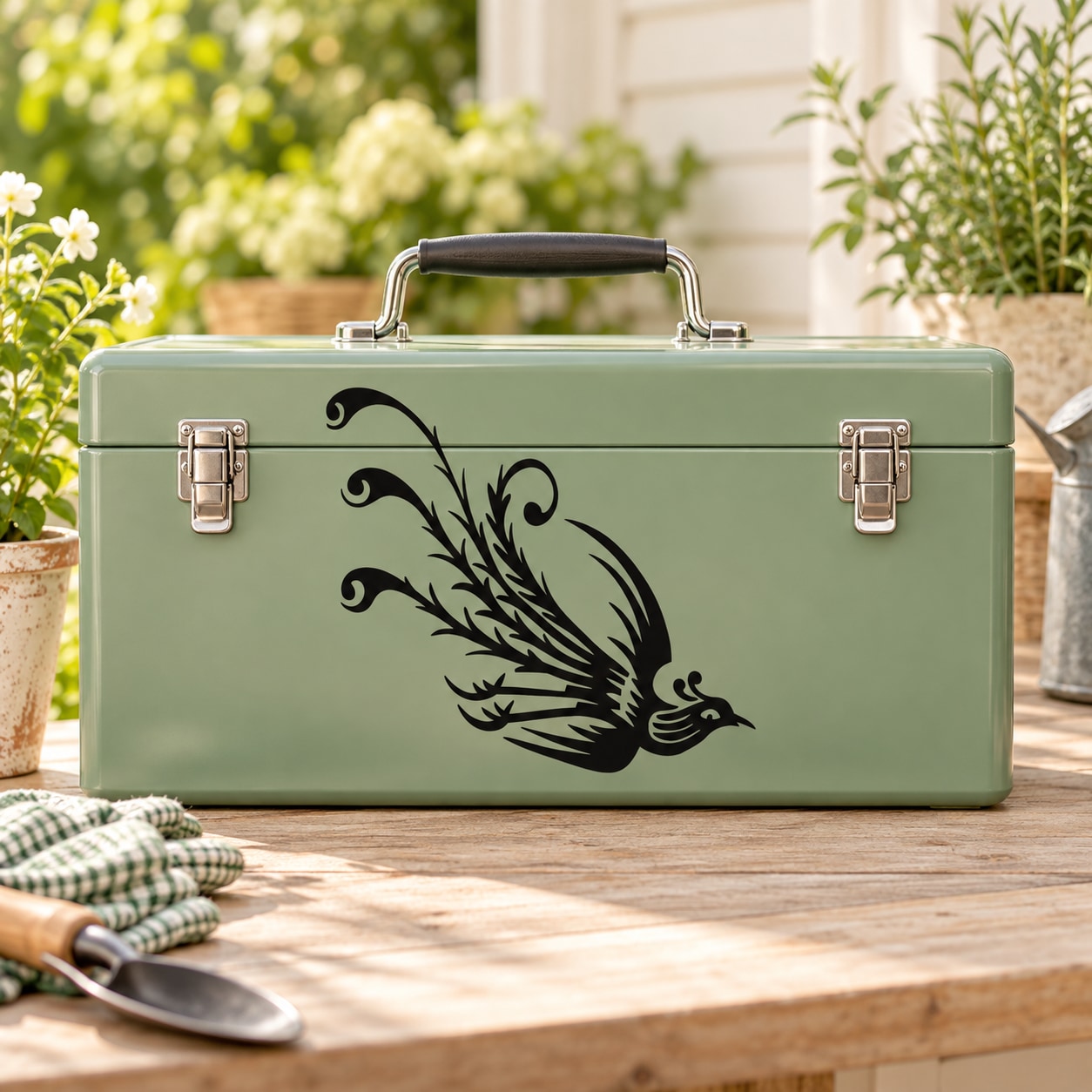 Peacock decal on mint-green rectangular storage box with black bird and feathers