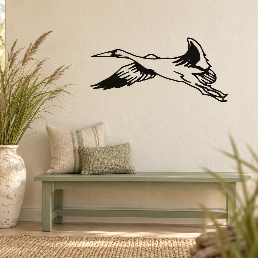 Soaring Japanese crane wall decal, black silhouette line art
