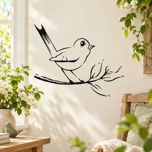 Cute songbird wall decal, black line art of bird perched on branch