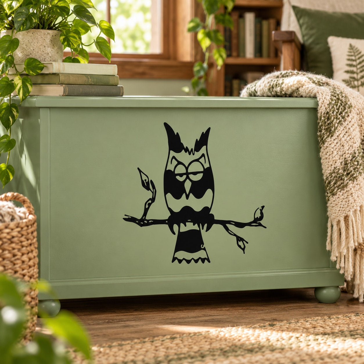 Black cartoon owl decal with glasses and bow tie