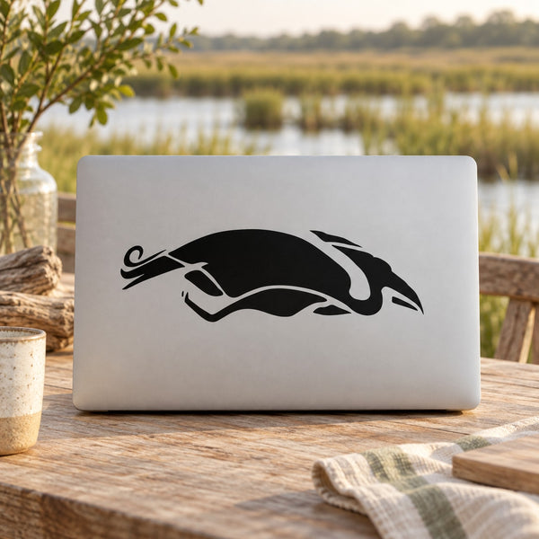 Black tribal kingfisher bird decal on light rectangular surface