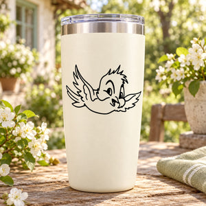 Cute smiling bird decal in black line art on white tumbler