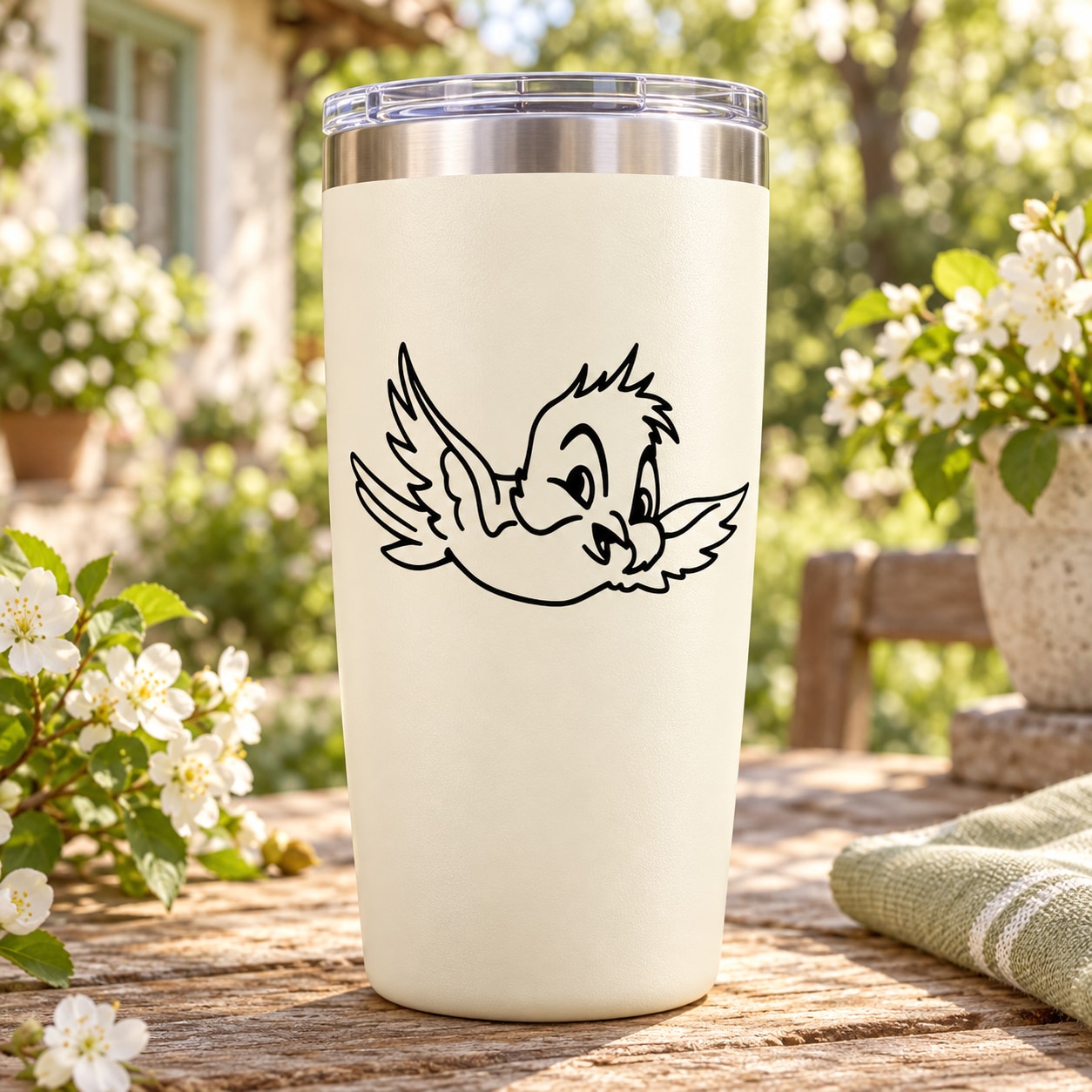 Cute smiling bird decal in black line art on white tumbler