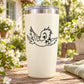 Cute smiling bird decal in black line art on white tumbler