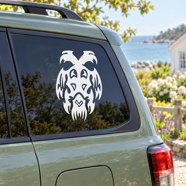 Two-headed tribal bird decal, white vinyl for car window