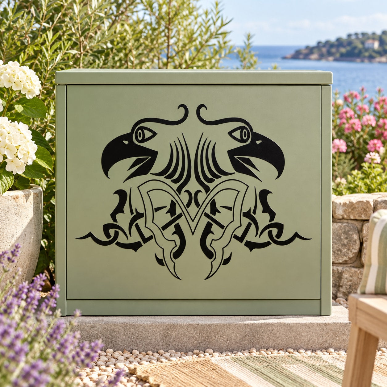 Two-headed eagle and vine wall decal in black ornamental design
