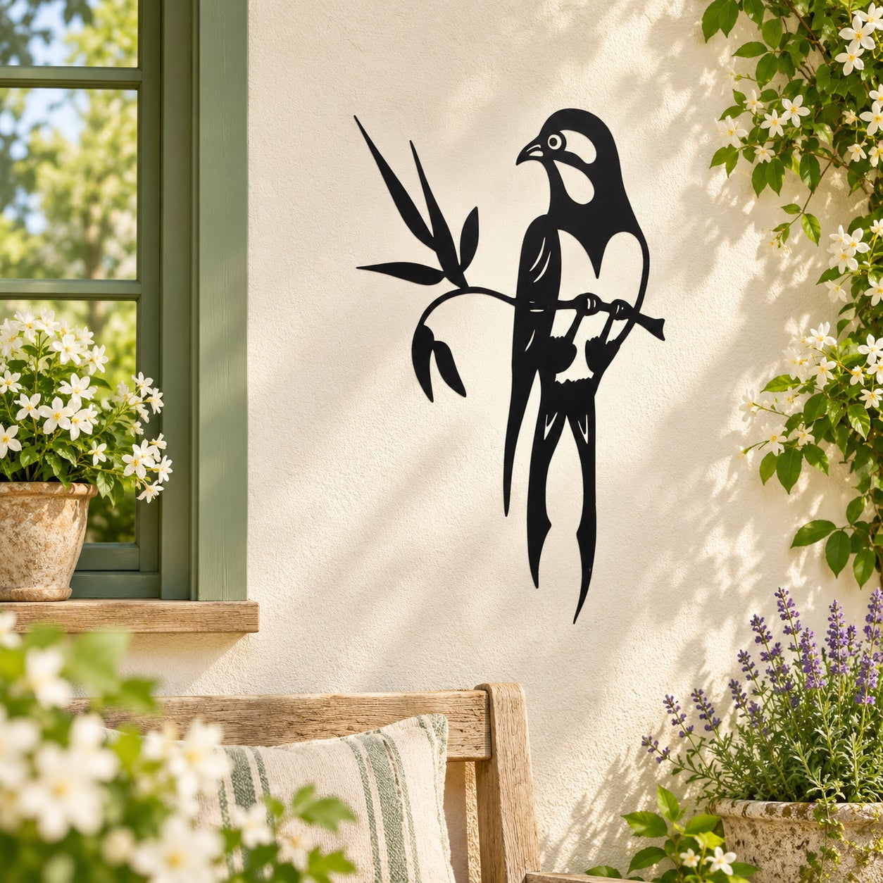Black perched swallowtail bird wall decal with long tail and twig accents