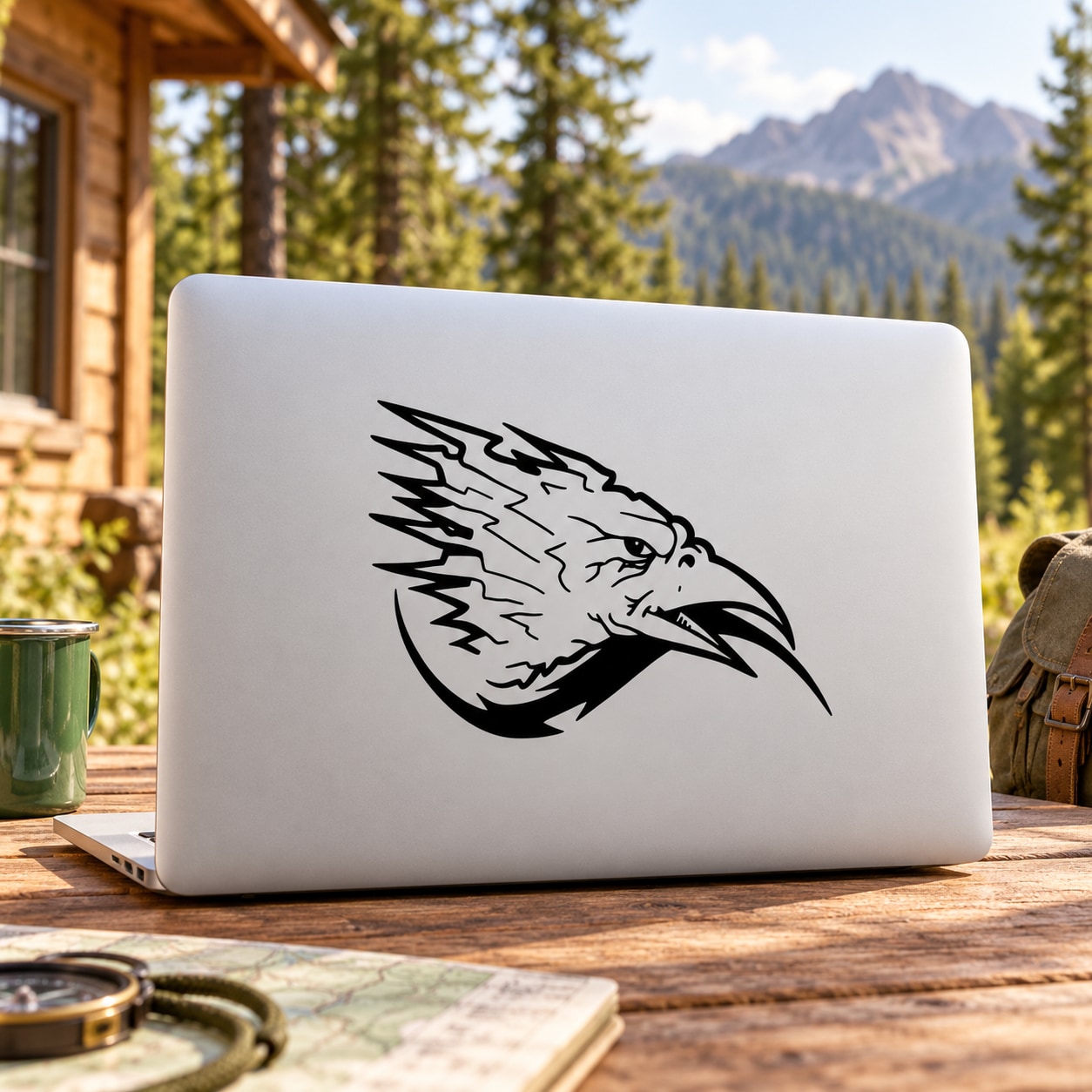 Spiky eagle head decal, black design on light background.