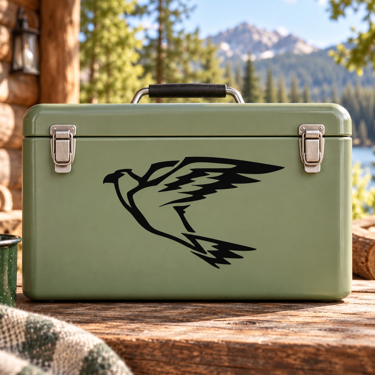 Hawk decal with sharp wing silhouette, black on dark green surface