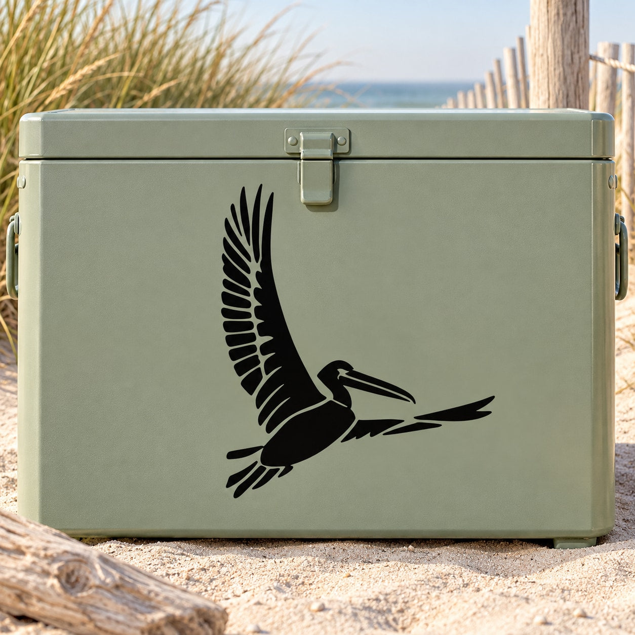 Pelican vinyl decal featuring black bird with wings spread, detailed silhouette