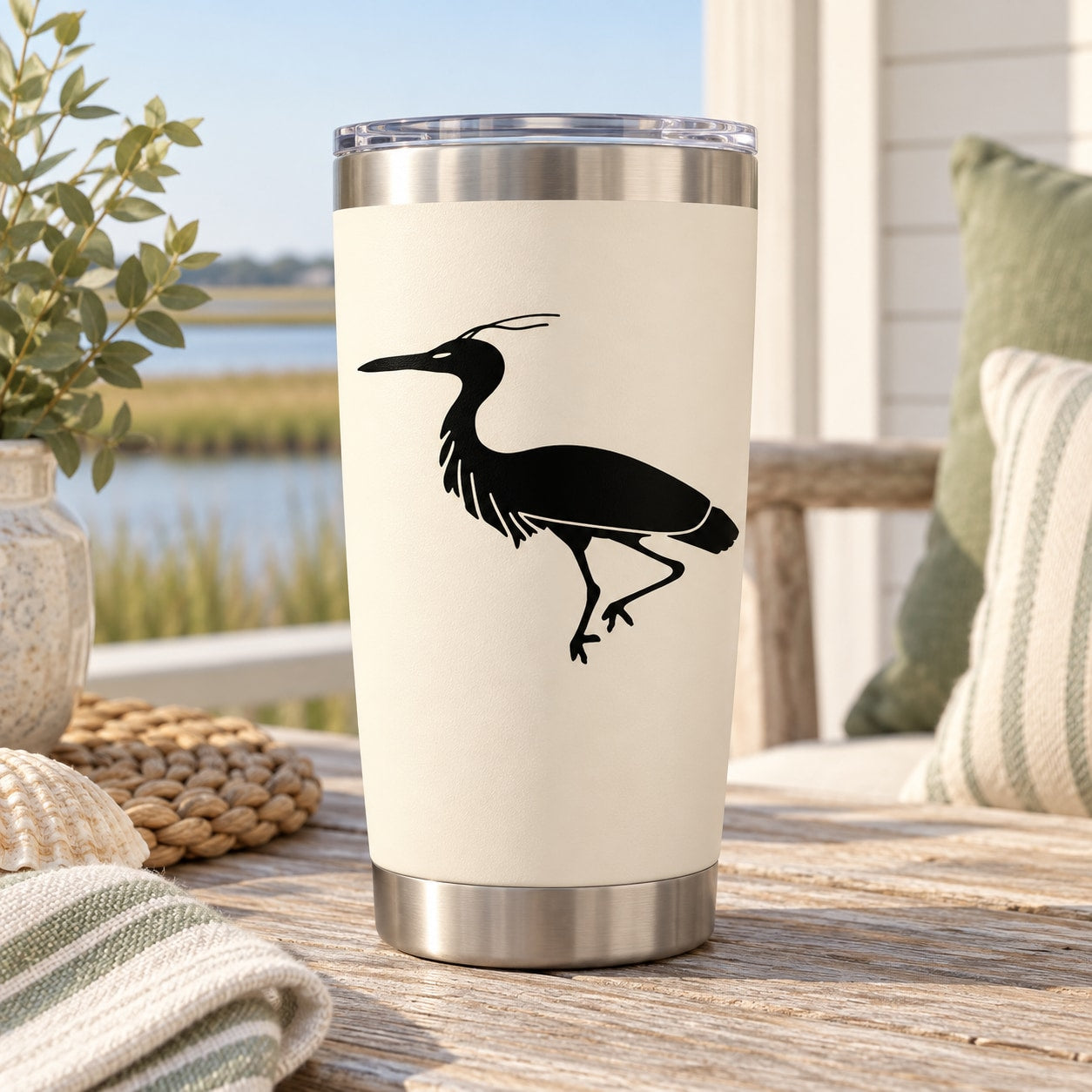 Egret silhouette decal on white tumbler cup, black striding bird.