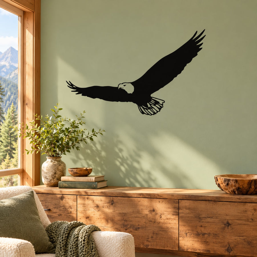 Soaring eagle wall decal, black silhouette with wings spread