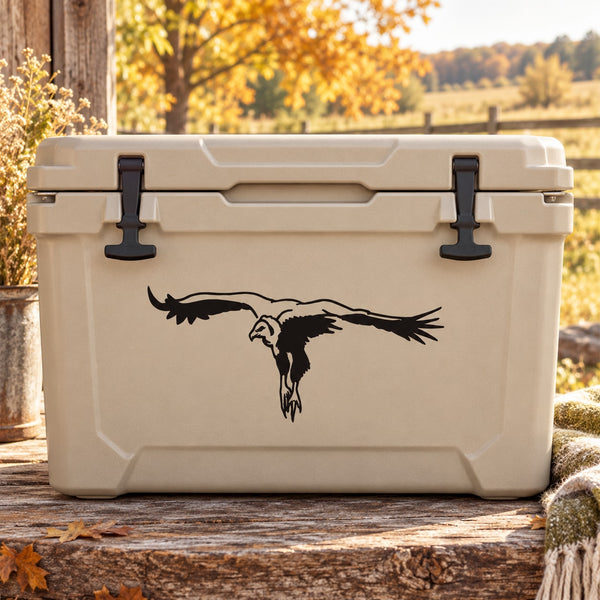 Black flying vulture decal on beige cooler lid with rugged latch hardware