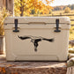 Black flying vulture decal on beige cooler lid with rugged latch hardware