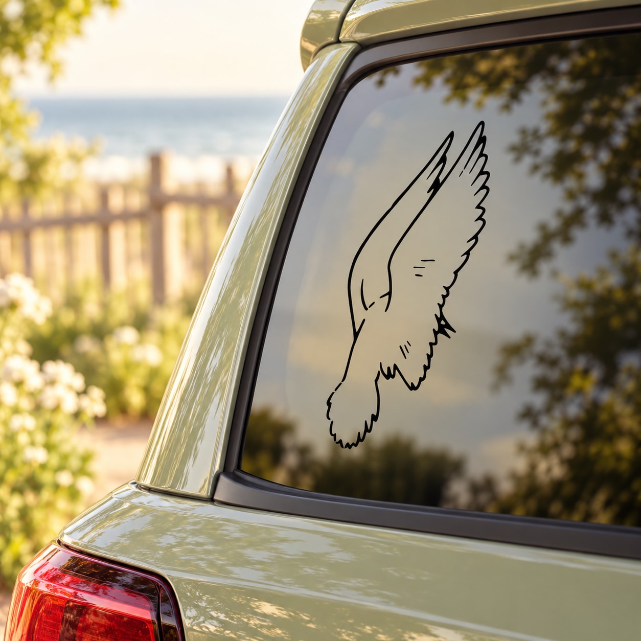 Dove wing span decal with black dove silhouette on car rear window