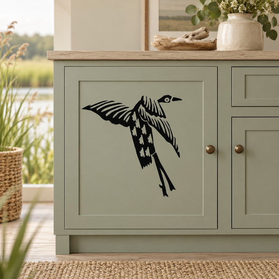 Japanese crane jumping wall decal, black and white bird silhouette