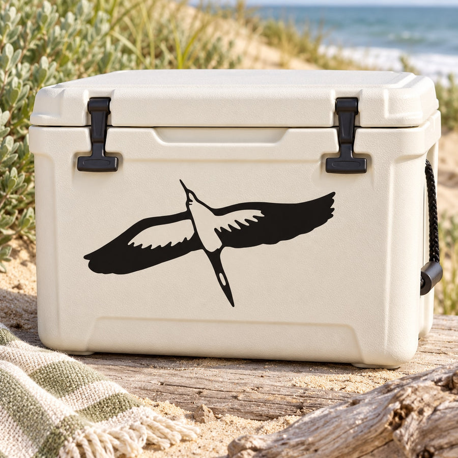 Bird flying decal with black silhouette on a white cooler panel