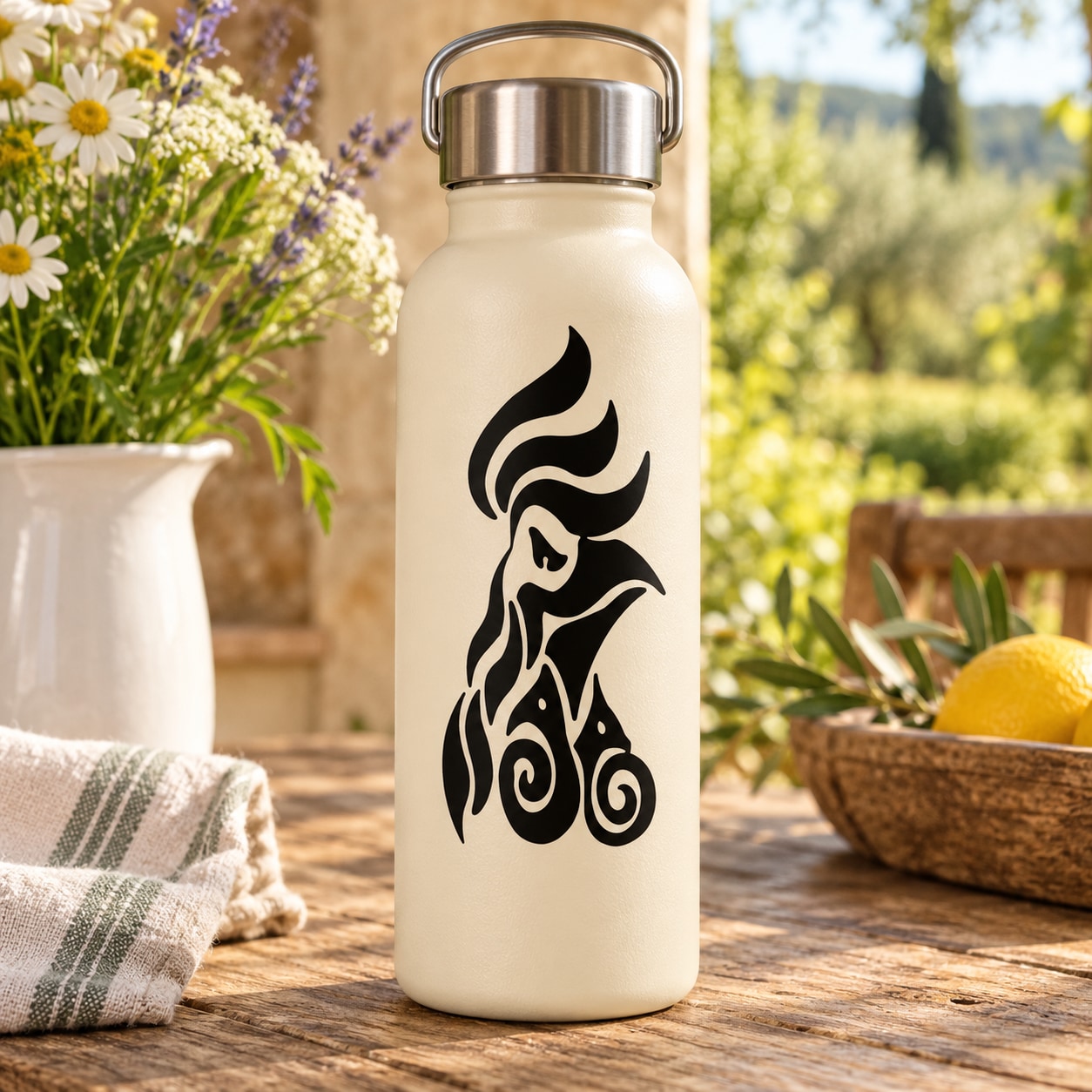 Black tribal rooster head decal on a beige water bottle