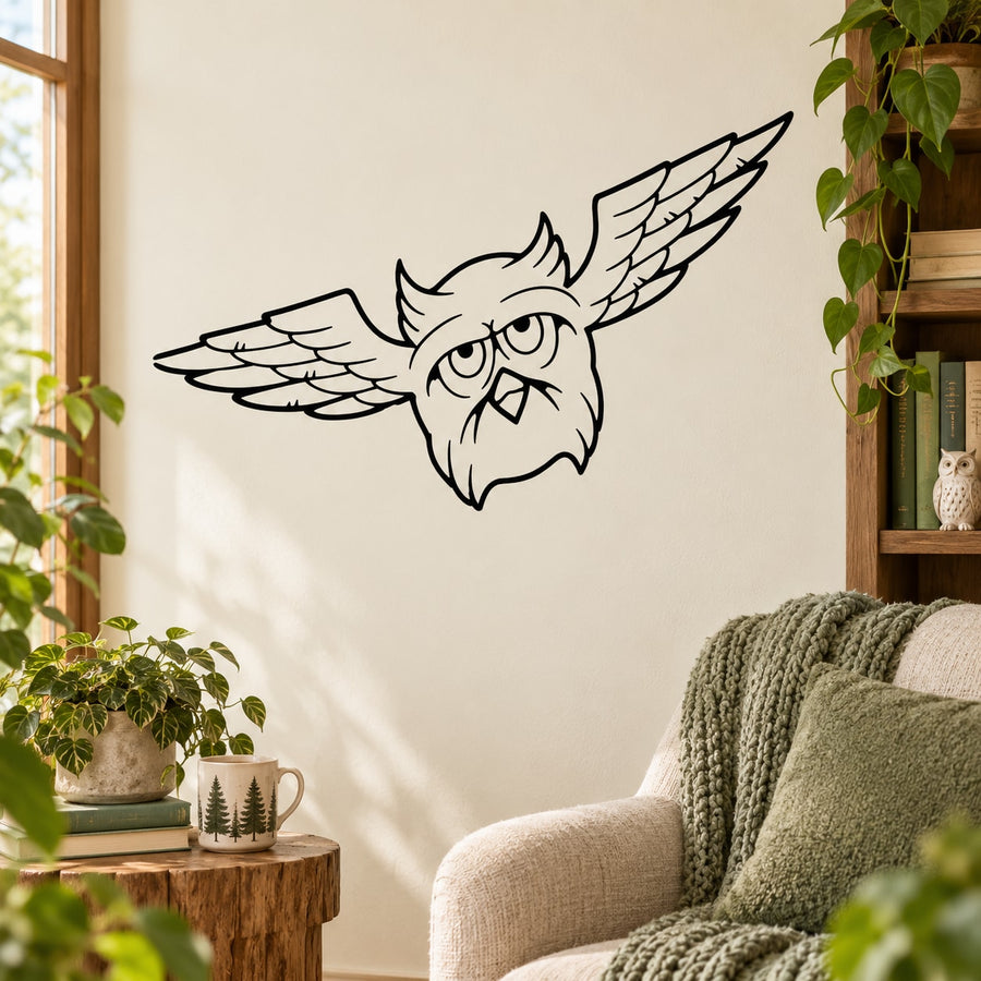 Flying owl line-art wall decal with wings spread and glasses