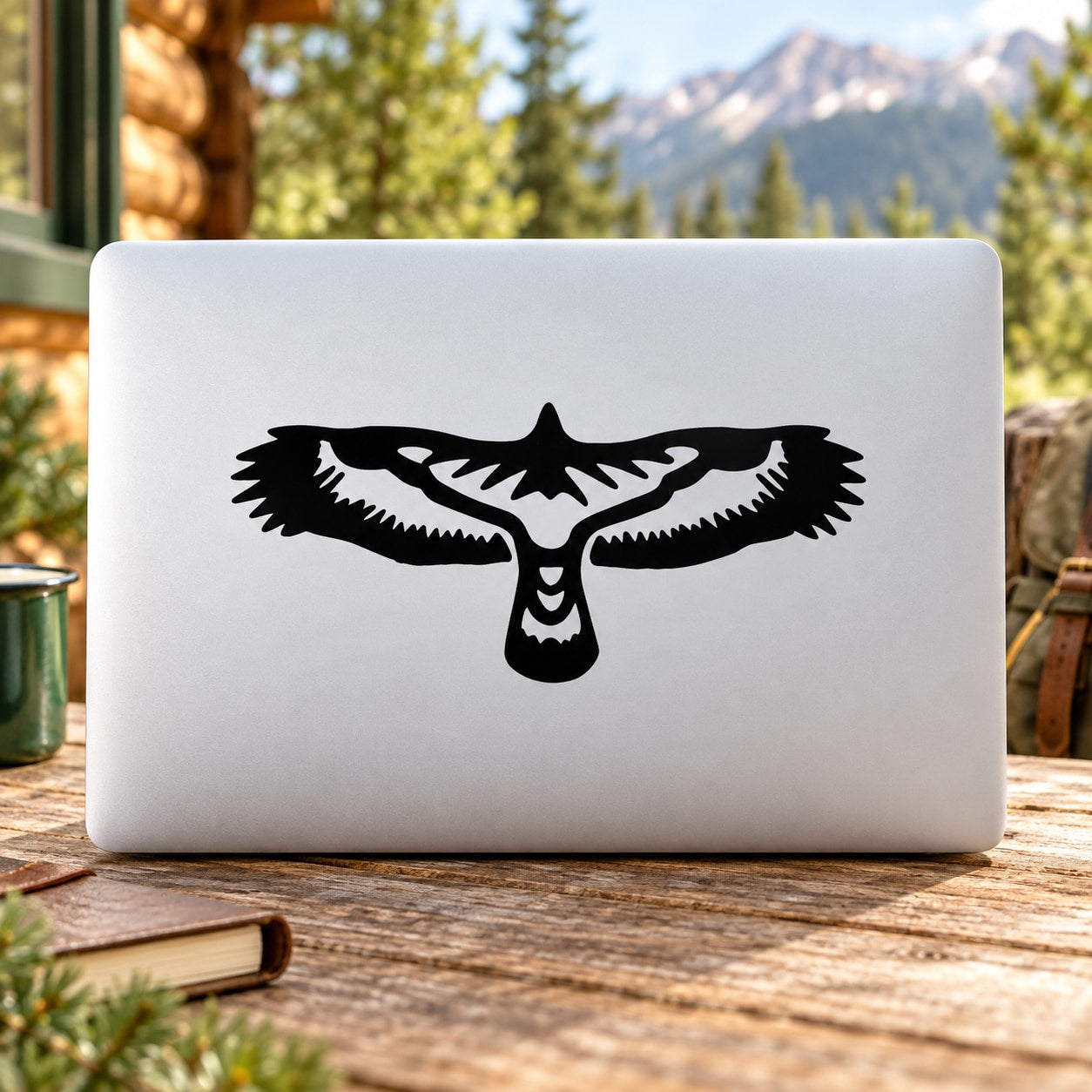 Black spread-wing hawk decal on light background
