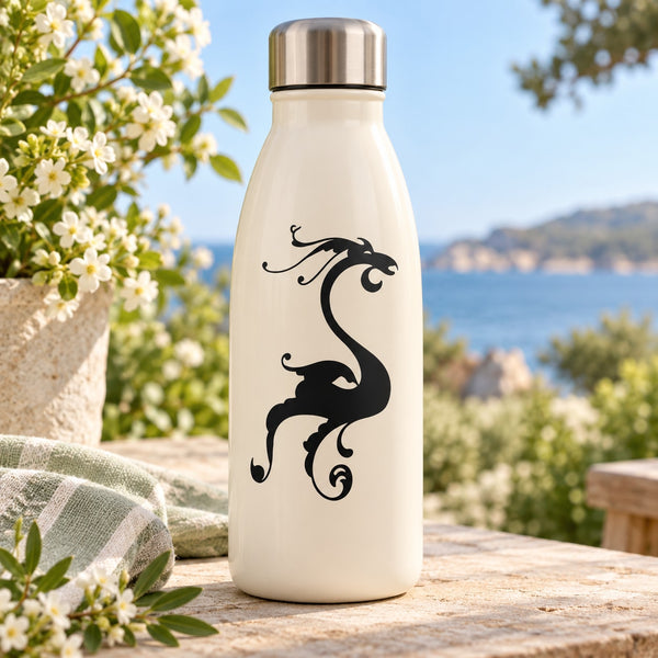 Black wispy dragon decal on cream bottle with metal screw-top lid