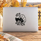 Cartoon sitting turkey decal, black line art on light surface