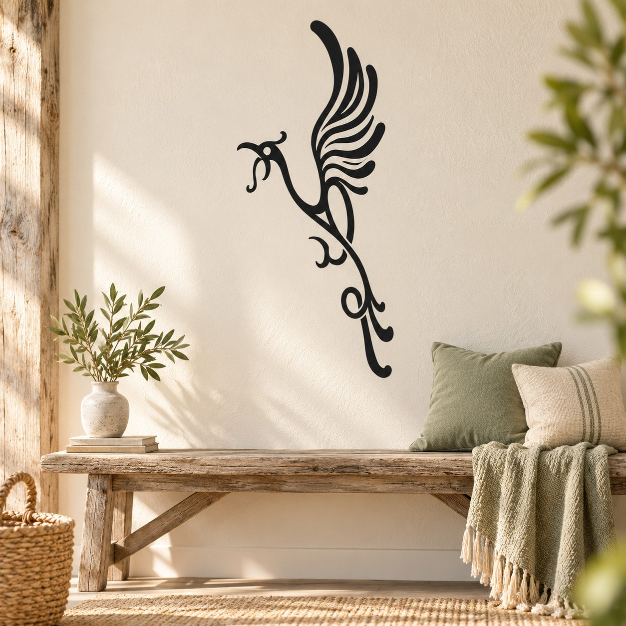 Black whooping crane wall decal with decorative feather details